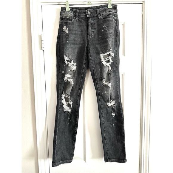 JUDY BLUE Distressed Boyfriend Fit Charcoal Gray Bleach Splatter Jeans - Sz 1/25 - Picture 2 of 7